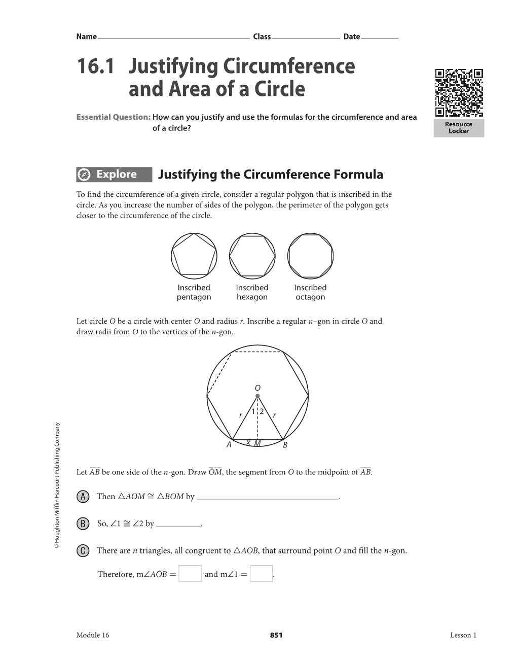 16.1 Justifying Circumference and Area of a Circle