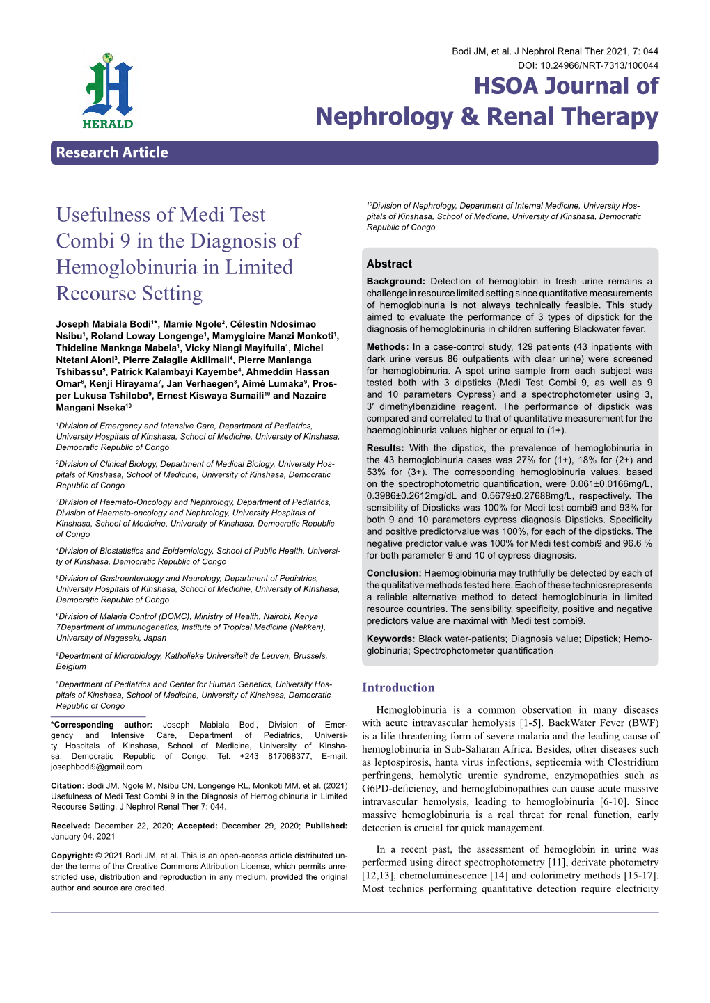 Usefulness of Medi Test Combi 9 in the Diagnosis of Hemoglobinuria in Limited Recourse Setting