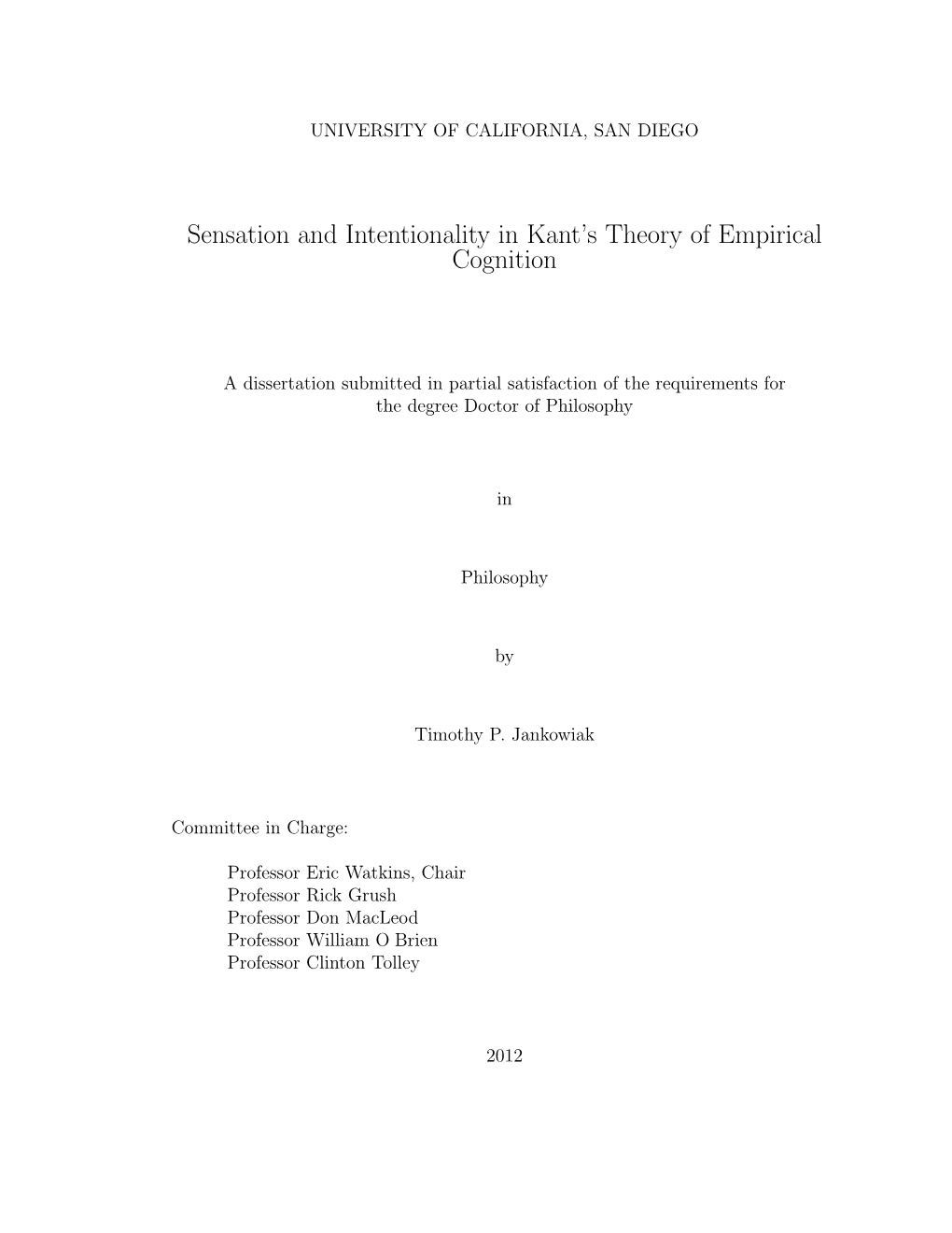 Sensation and Intentionality in Kant's Theory of Empirical Cognition