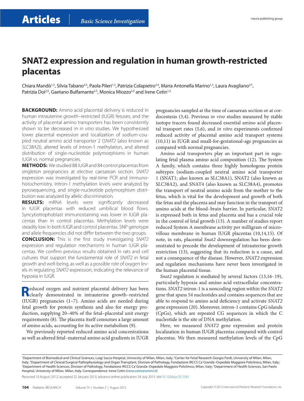 SNAT 2 Expression and Regulation in Human Growth-Restricted Placentas