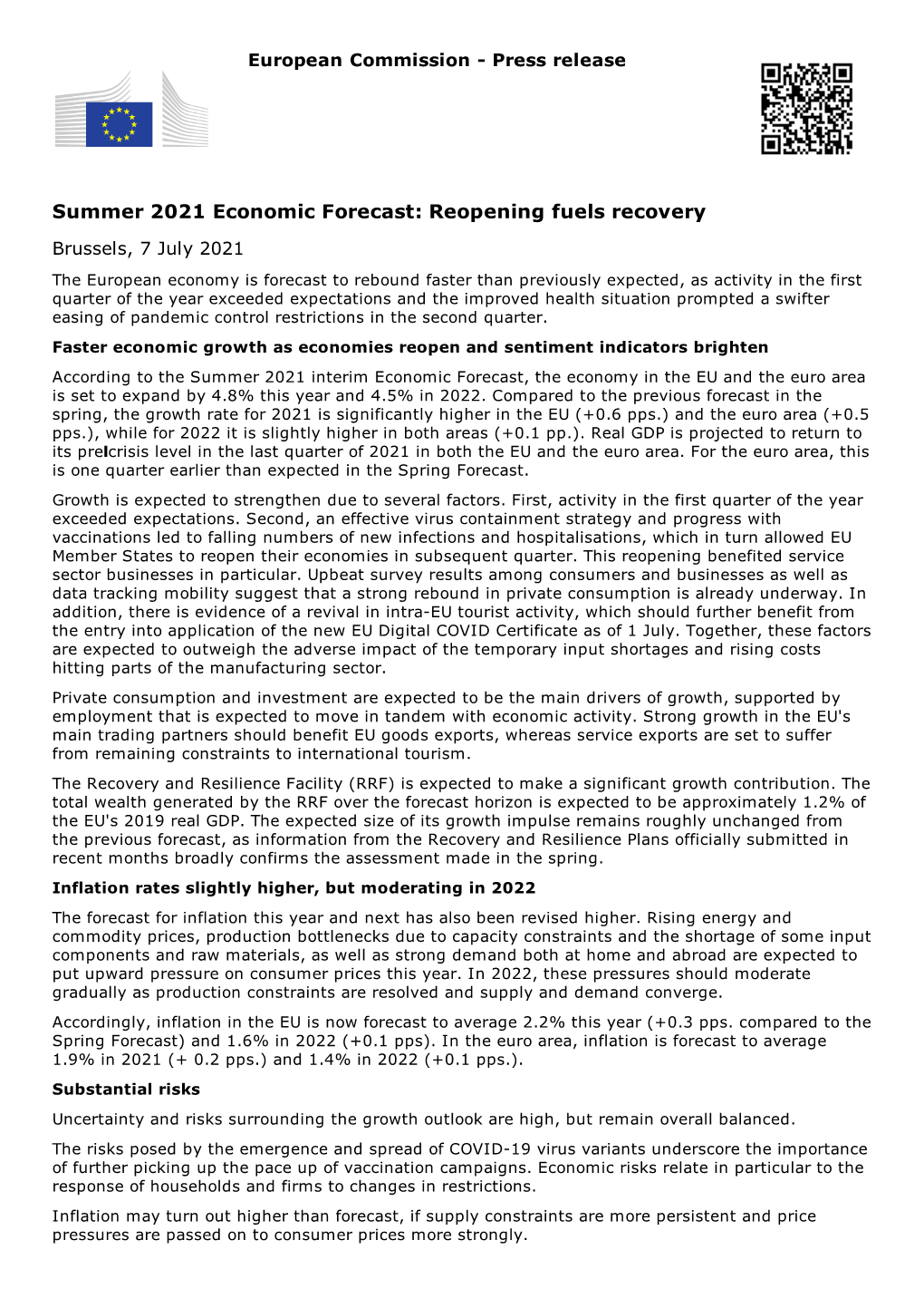 Summer 2021 Economic Forecast: Reopening Fuels Recovery