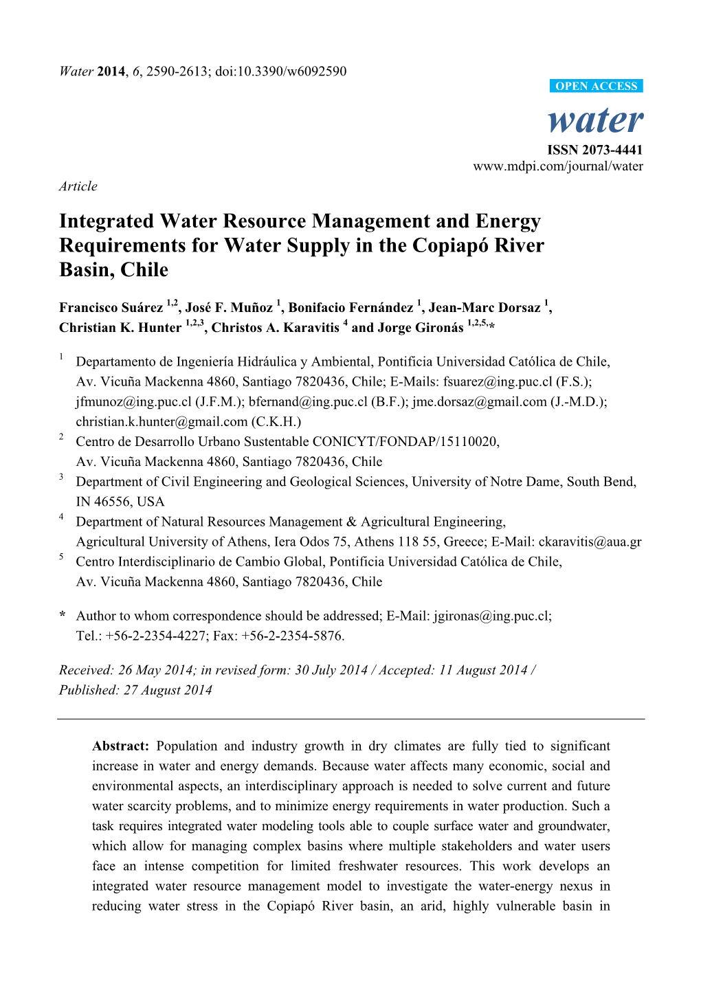 Integrated Water Resource Management and Energy Requirements for Water Supply in the Copiapó River Basin, Chile