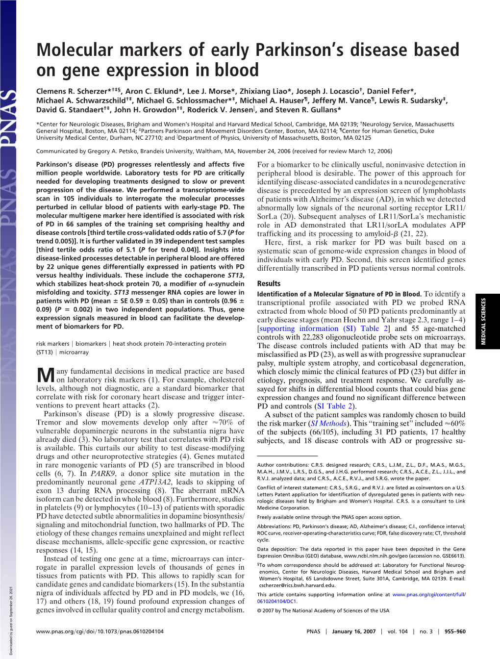 Molecular Markers of Early Parkinson's Disease Based on Gene Expression in Blood