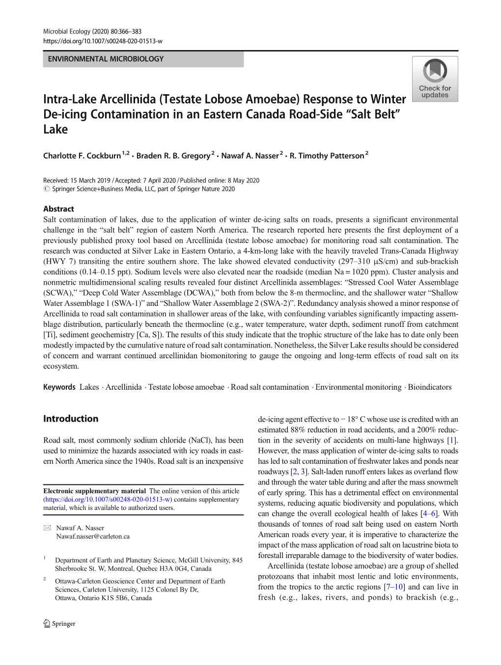 Intra-Lake Arcellinida (Testate Lobose Amoebae) Response to Winter De-Icing Contamination in an Eastern Canada Road-Side “Salt Belt” Lake