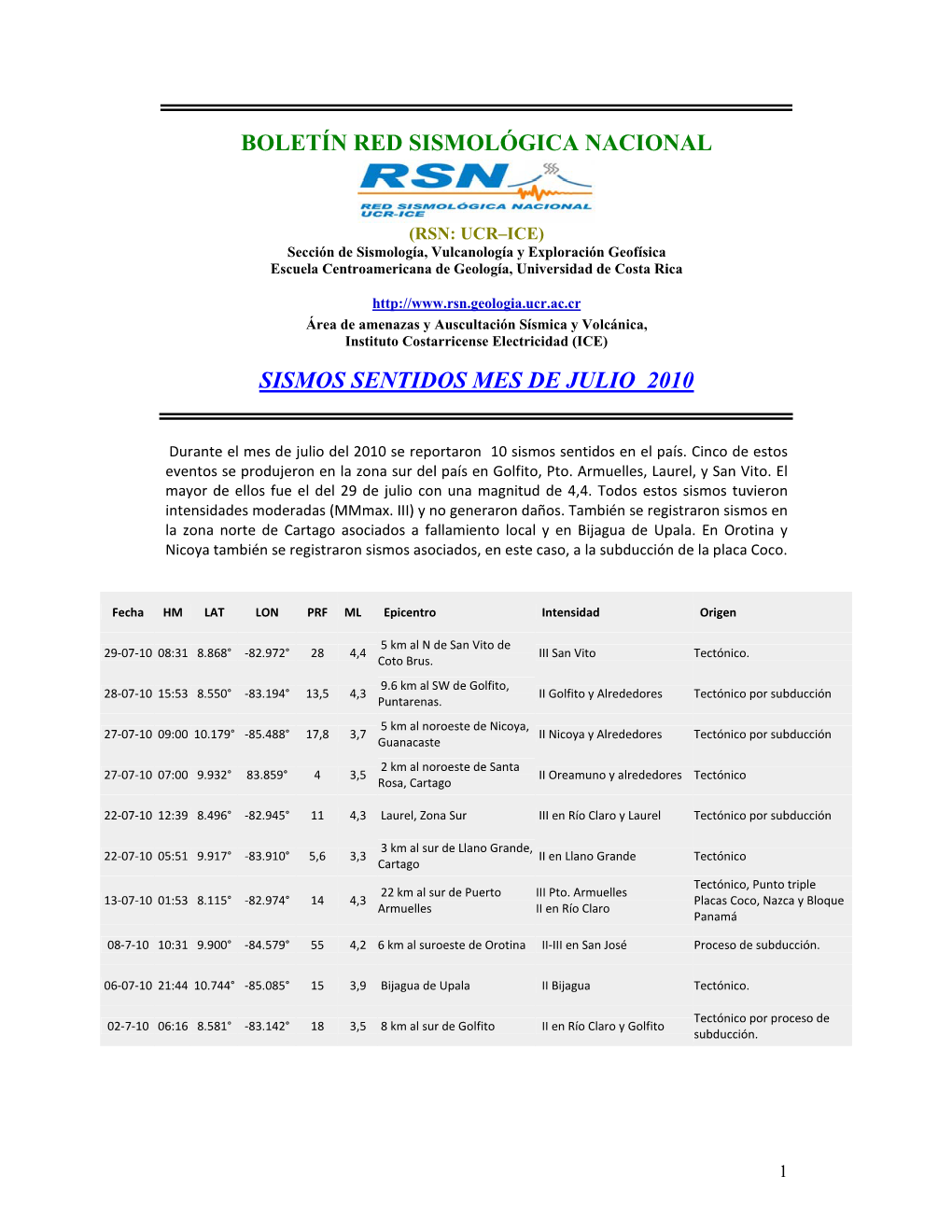 Reporte Sismos Y Volcanes, Julio 2010