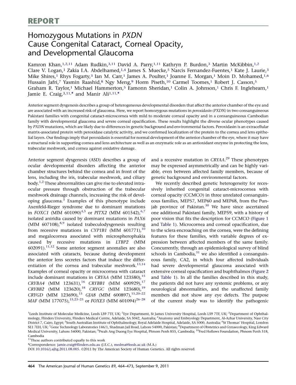 Homozygous Mutations in PXDN Cause Congenital Cataract, Corneal Opacity, and Developmental Glaucoma