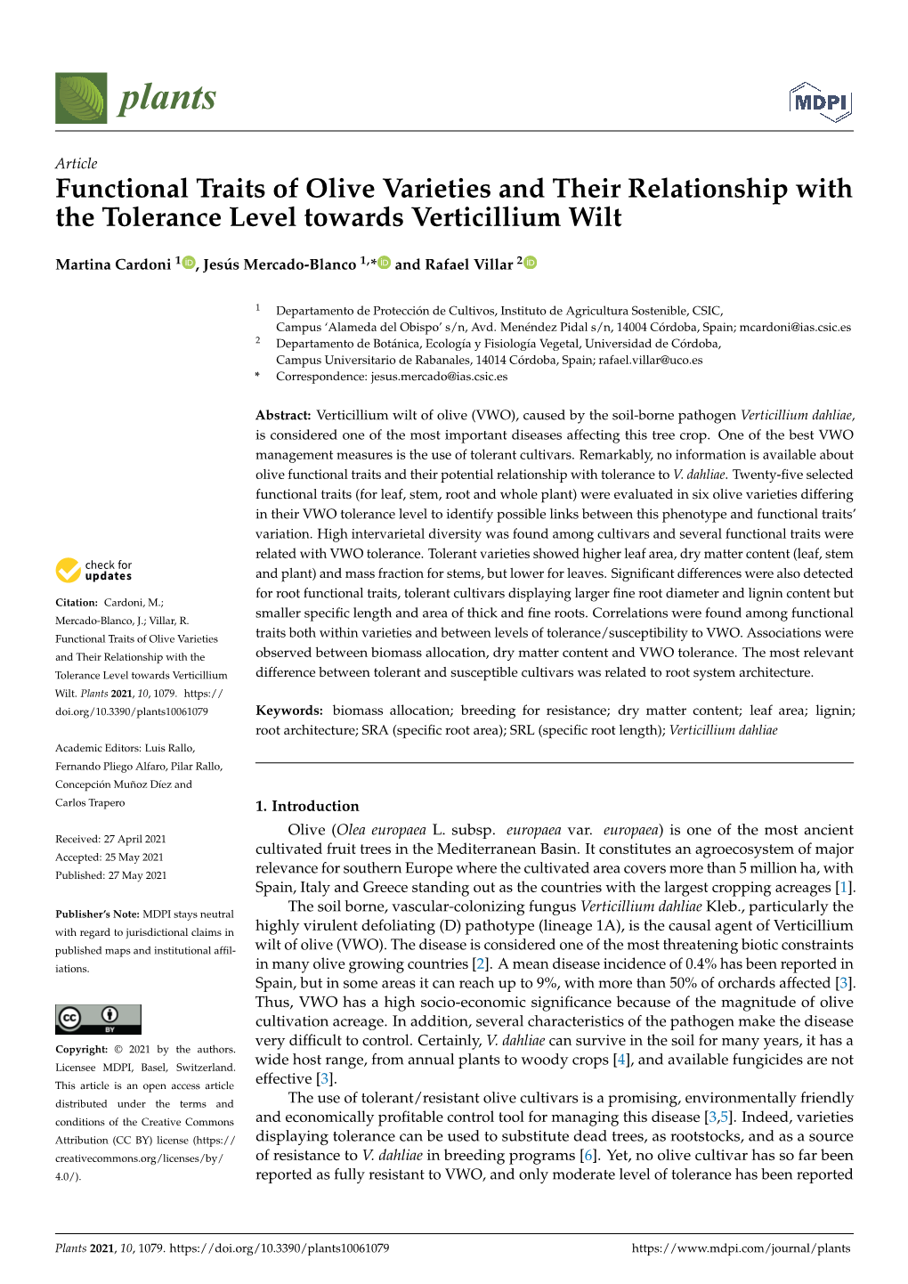 Functional Traits of Olive Varieties and Their Relationship with the Tolerance Level Towards Verticillium Wilt