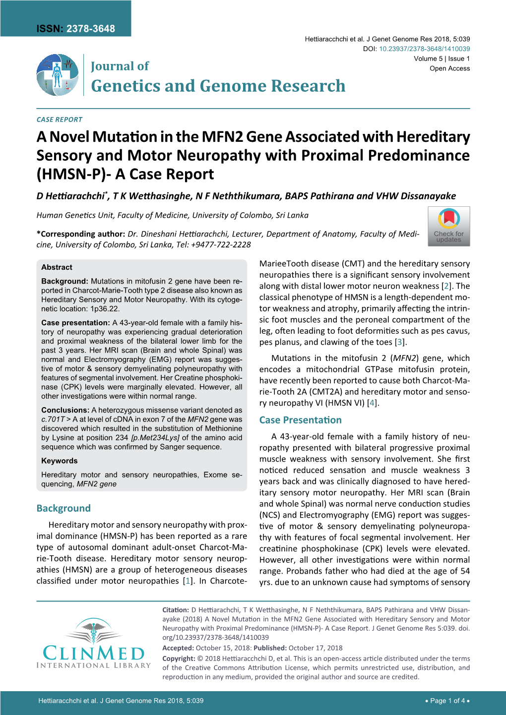 A Novel Mutation in the MFN2 Gene Associated with Hereditary Sensory