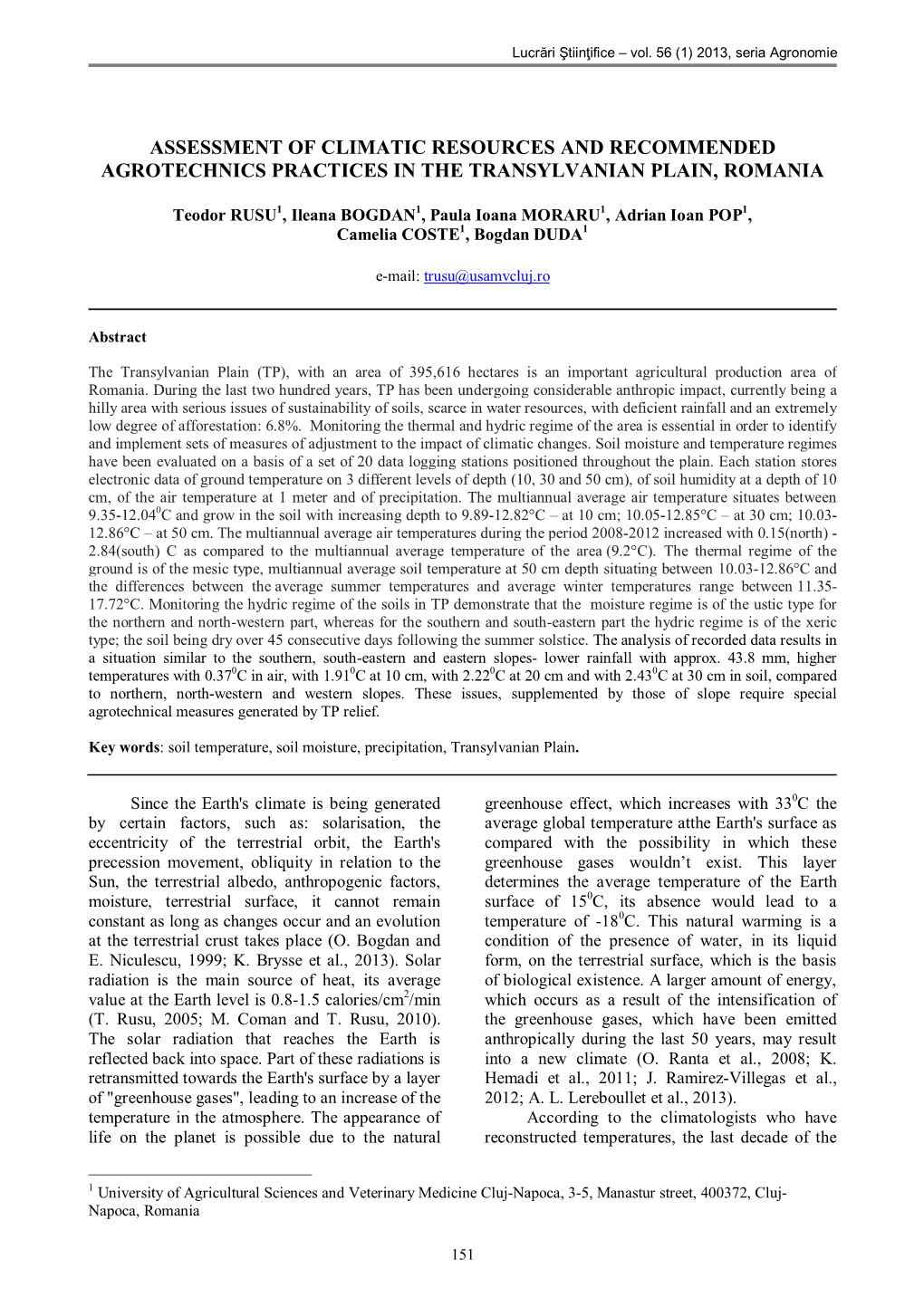 Assessment of Climatic Resources and Recommended Agrotechnics Practices in the Transylvanian Plain, Romania