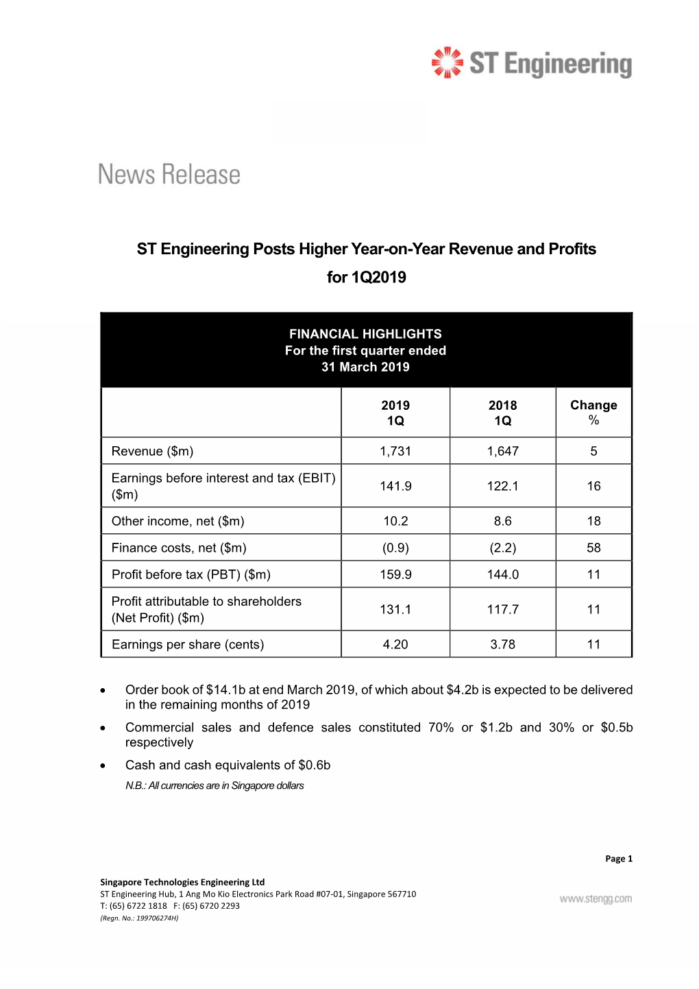 ST Engineering Posts Higher Year-On-Year Revenue and Profits for 1Q2019