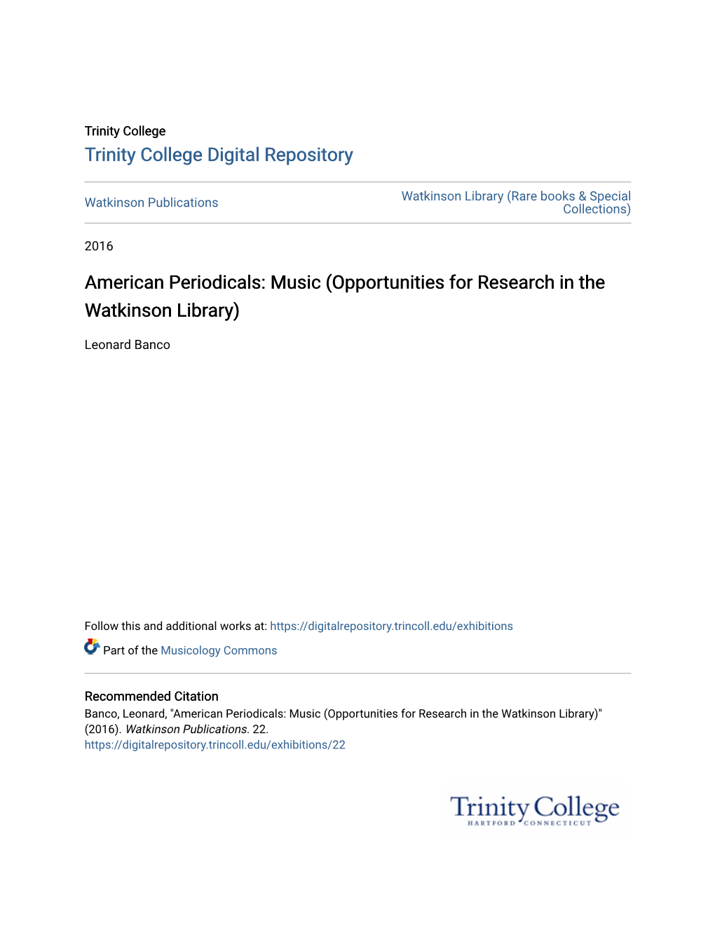 Music (Opportunities for Research in the Watkinson Library)