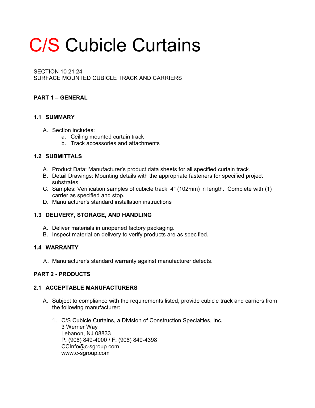 Specification for Surface Mounted Cubicle Track