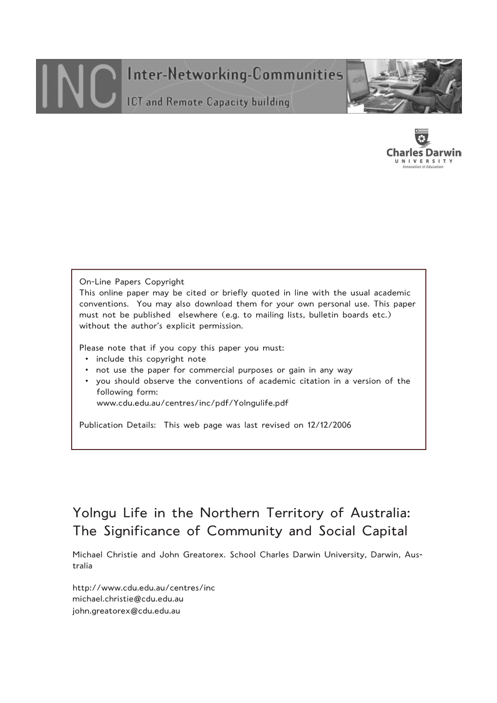 Yolngu Life in the Northern Territory of Australia: the Significance of Community and Social Capital