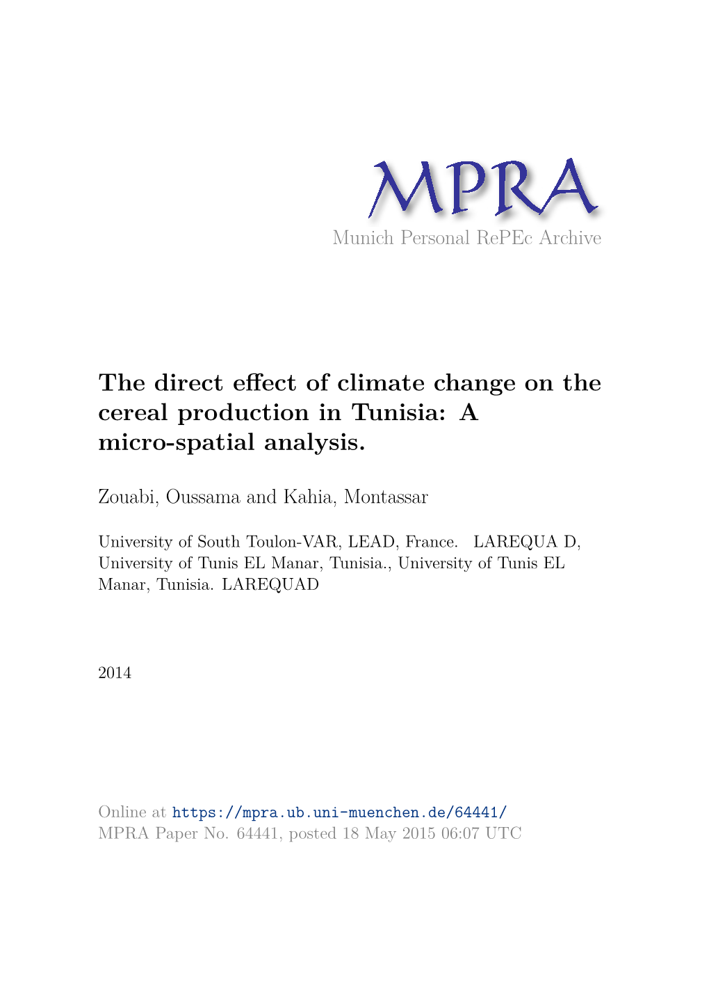The Direct Effect of Climate Change on the Cereal Production in Tunisia