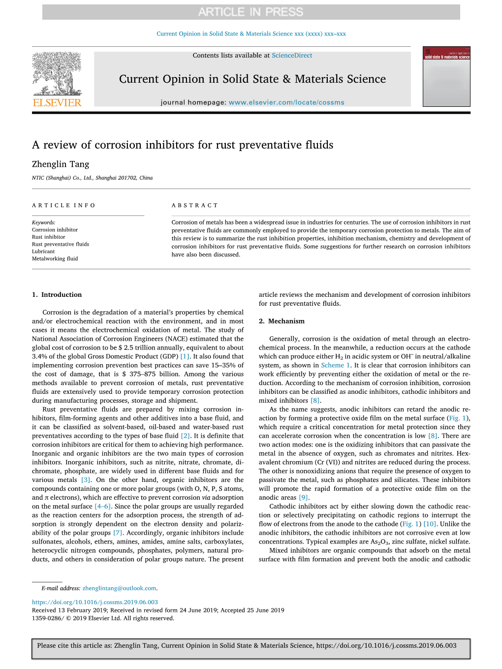 A Review of Corrosion Inhibitors for Rust Preventative Fluids Zhenglin Tang