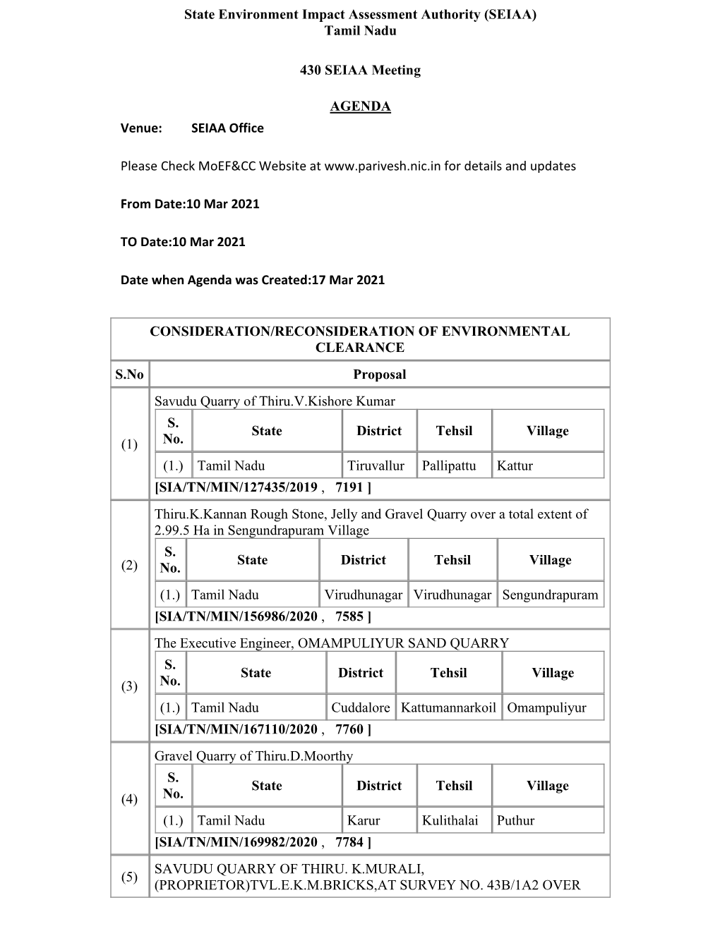 Tamil Nadu 430 SEIAA Meeting AGENDA Venue