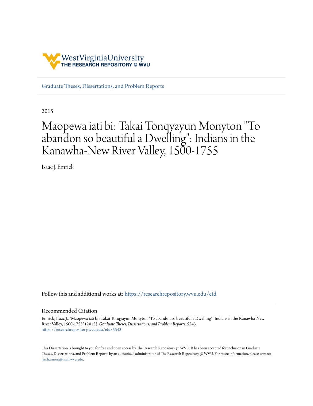 Indians in the Kanawha-New River Valley, 1500-1755 Isaac J