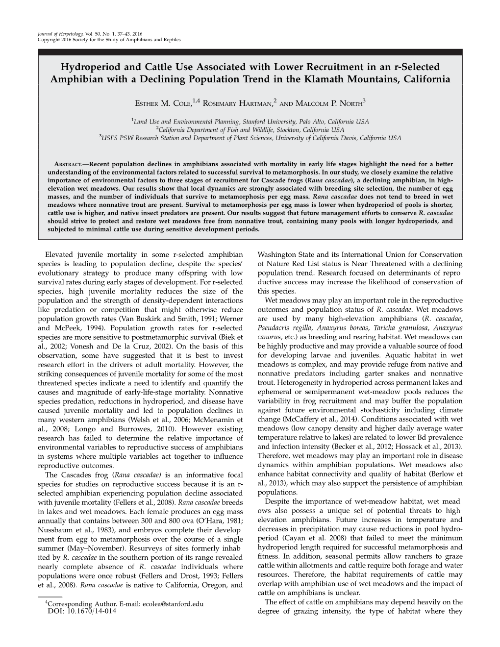 Hydroperiod and Cattle Use Associated with Lower Recruitment in an R-Selected Amphibian with a Declining Population Trend in the Klamath Mountains, California