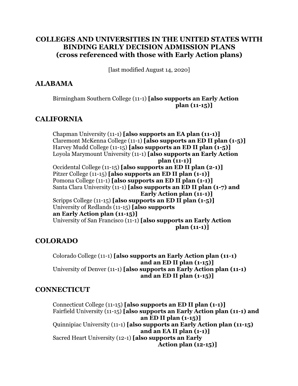 COLLEGES and UNIVERSITIES in the UNITED STATES with BINDING EARLY DECISION ADMISSION PLANS (Cross Referenced with Those with Early Action Plans)