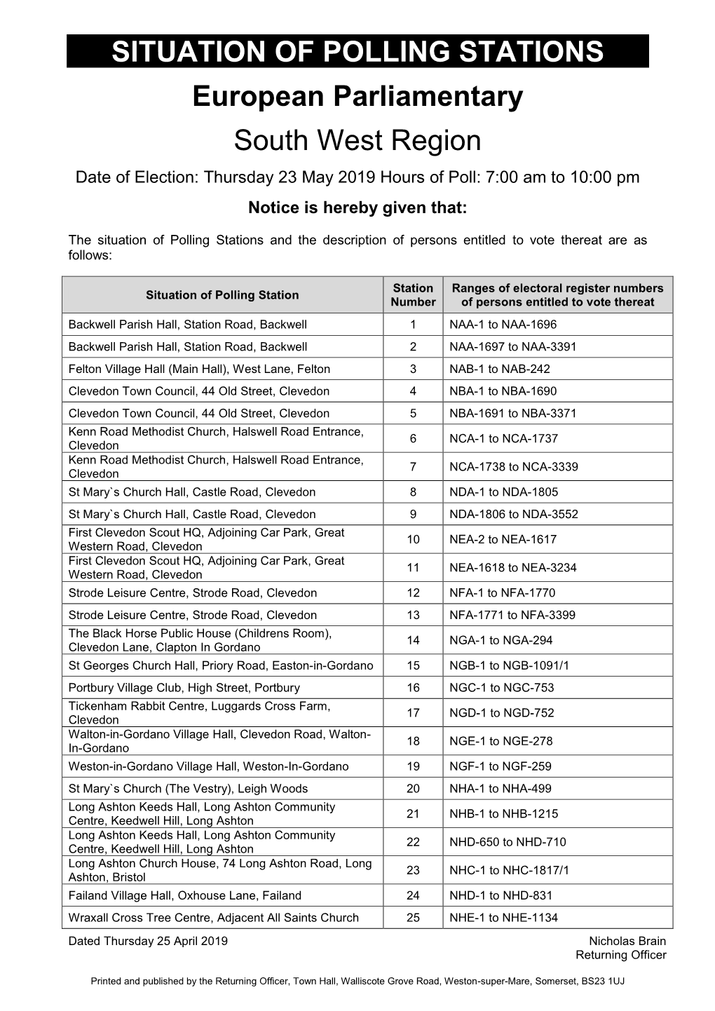 SITUATION of POLLING STATIONS European Parliamentary South