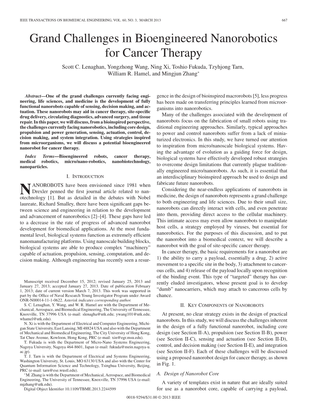 Grand Challenges in Bioengineered Nanorobotics for Cancer Therapy Scott C