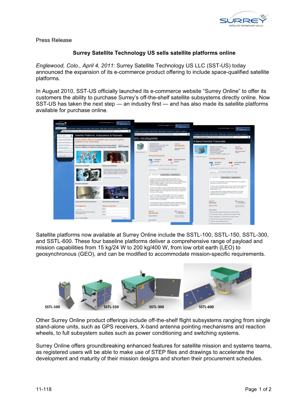 Surrey Satellite Technology US Sells Satellite Platforms Online