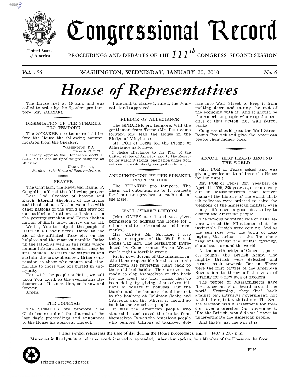 Congressional Record United States Th of America PROCEEDINGS and DEBATES of the 111 CONGRESS, SECOND SESSION