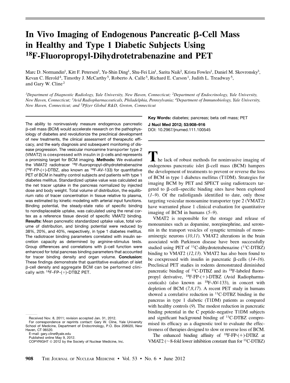 In Vivo Imaging of Endogenous Pancreatic B-Cell Mass in Healthy and Type 1 Diabetic Subjects Using 18F-Fluoropropyl-Dihydrotetrabenazine and PET