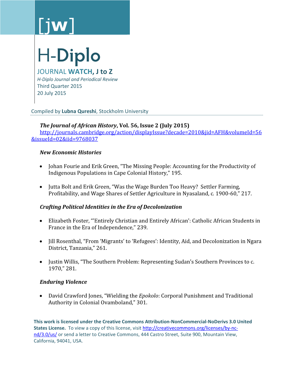 H-Diplo JOURNAL WATCH, J to Z H-Diplo Journal and Periodical Review Third Quarter 2015 20 July 2015