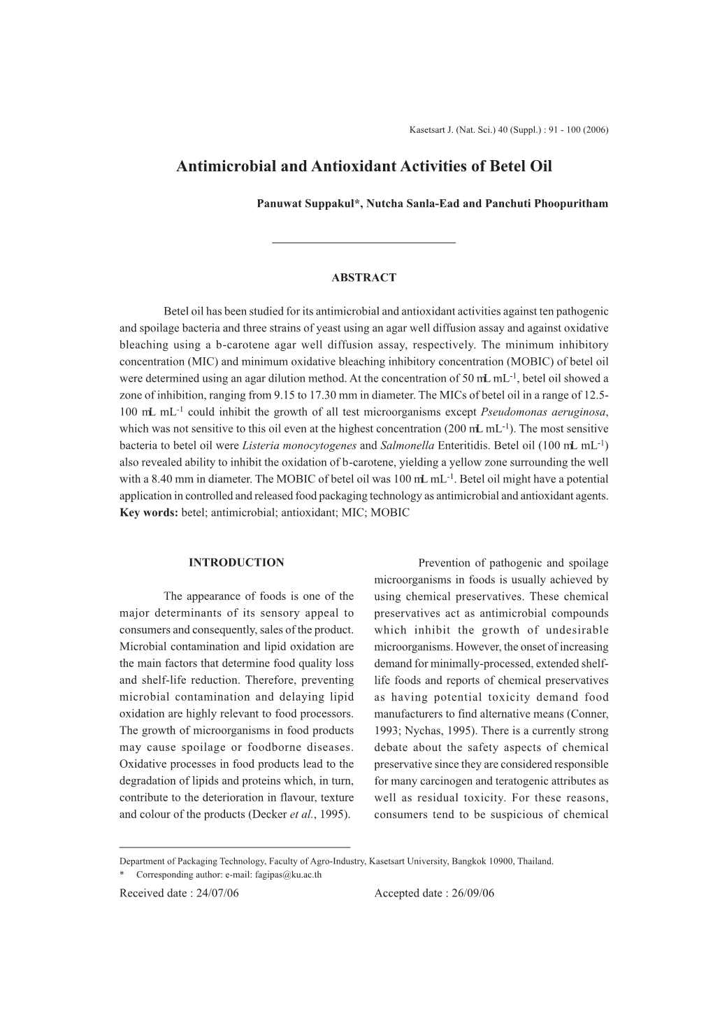 Antimicrobial and Antioxidant Activities of Betel Oil