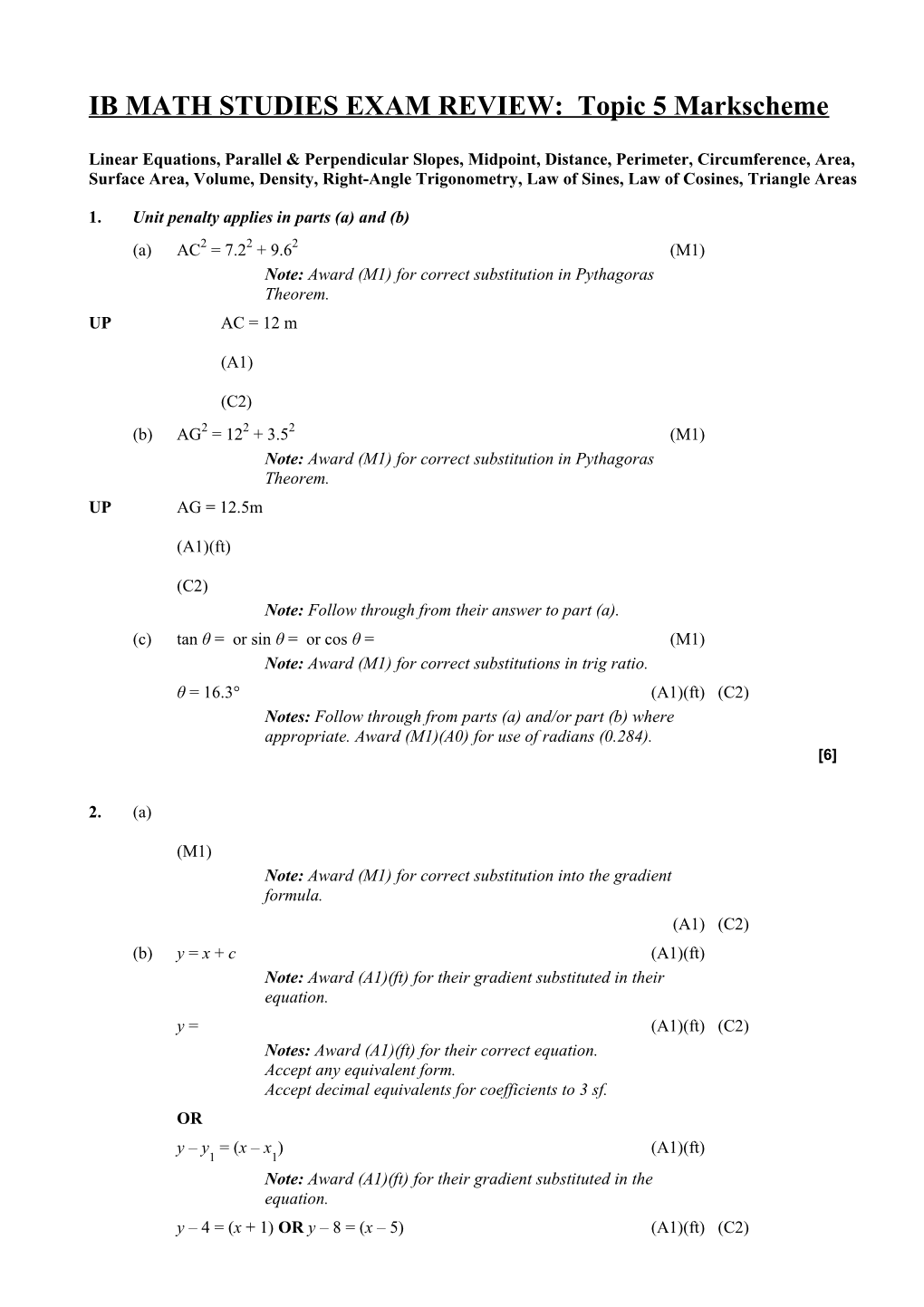 IB MATH STUDIES EXAM REVIEW: Topic 5 Markscheme