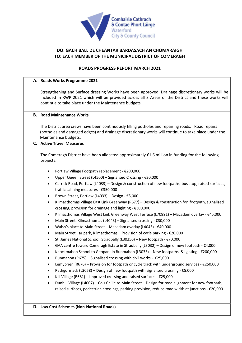 3B). Roads Report Comeragh 18Th March 2021