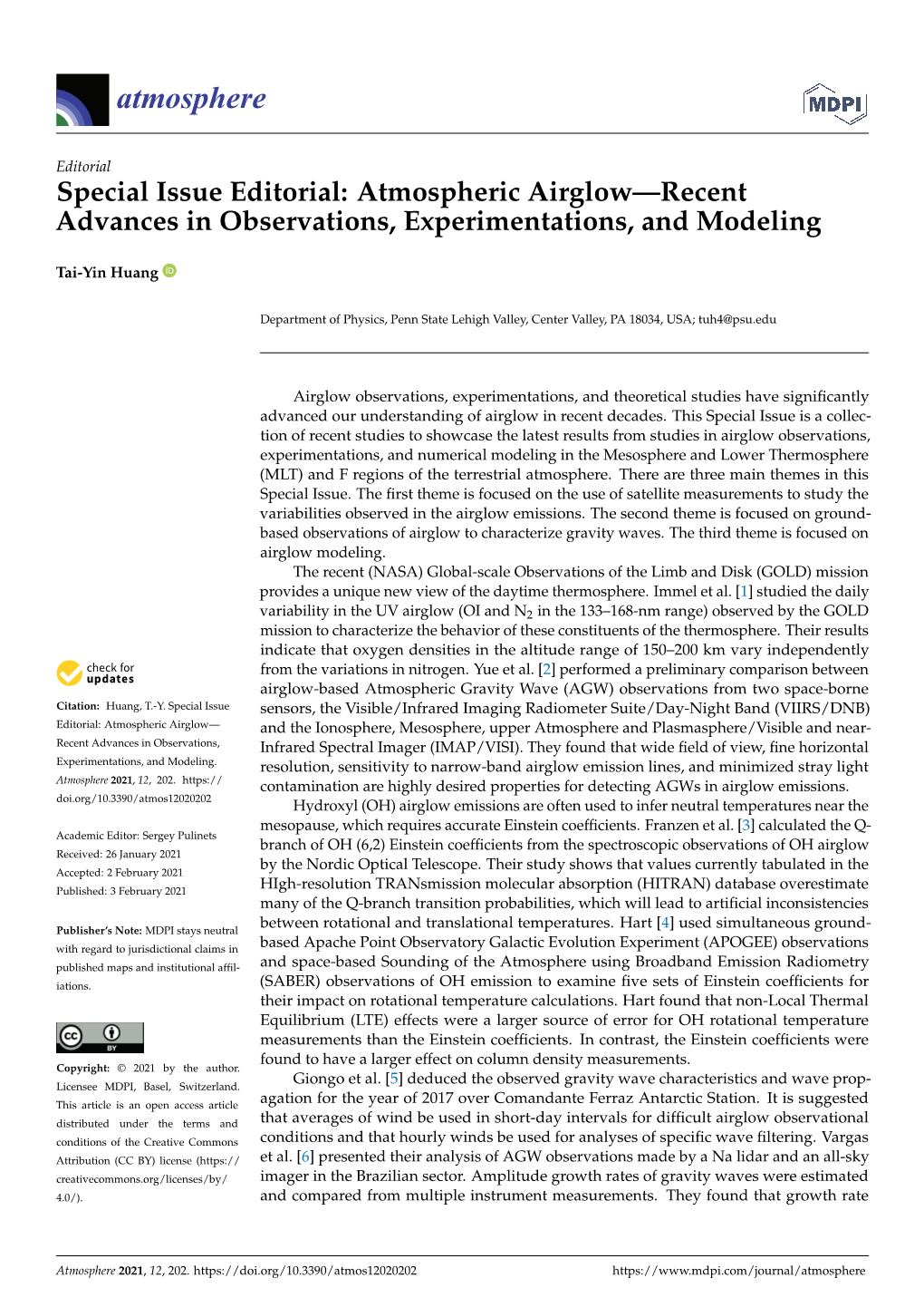 Special Issue Editorial: Atmospheric Airglow—Recent Advances in Observations, Experimentations, and Modeling