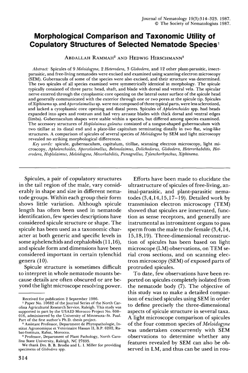 Morphological Comparison and Taxonomic Utility of Copulatory Structures of Selected Nematode Species 1