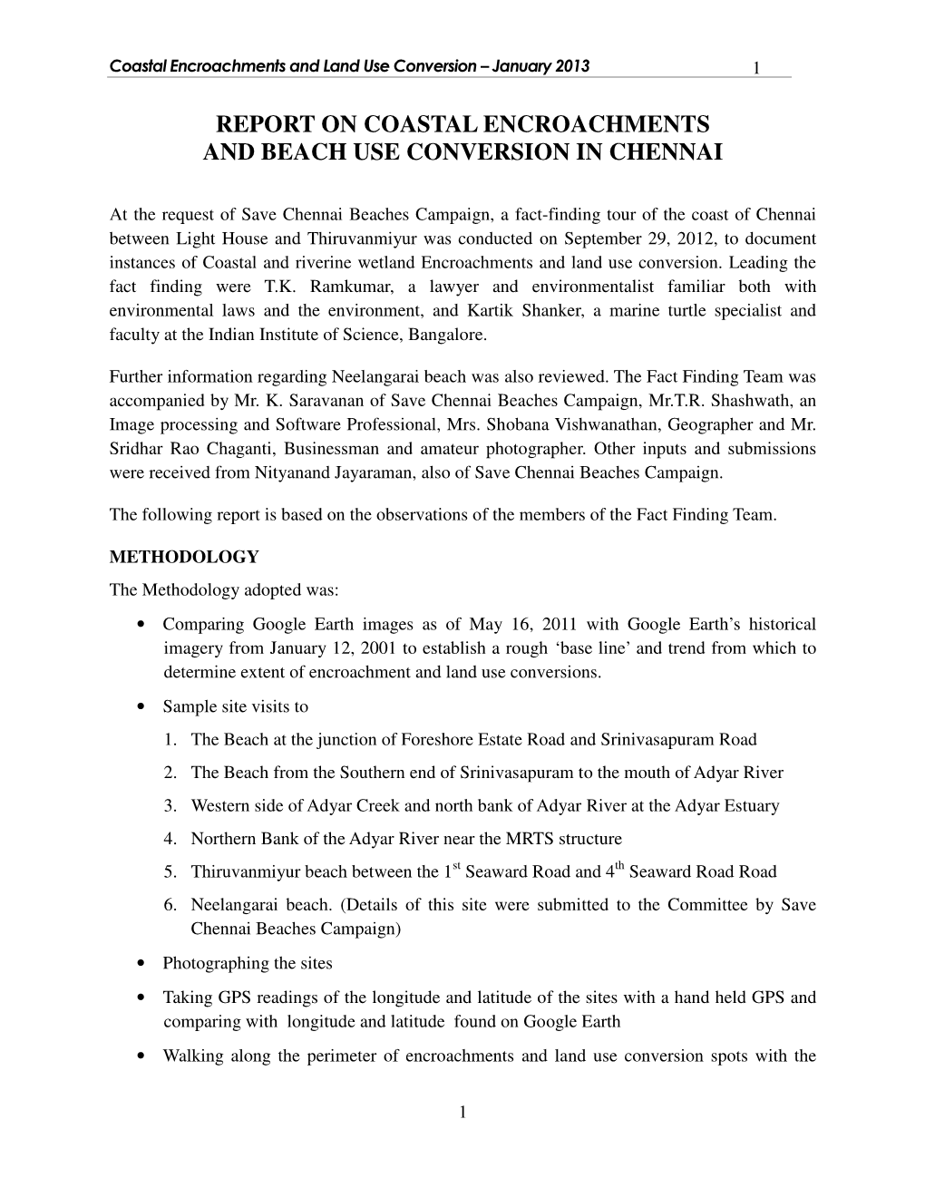 Report on Coastal Encroachments and Beach Use Conversion in Chennai