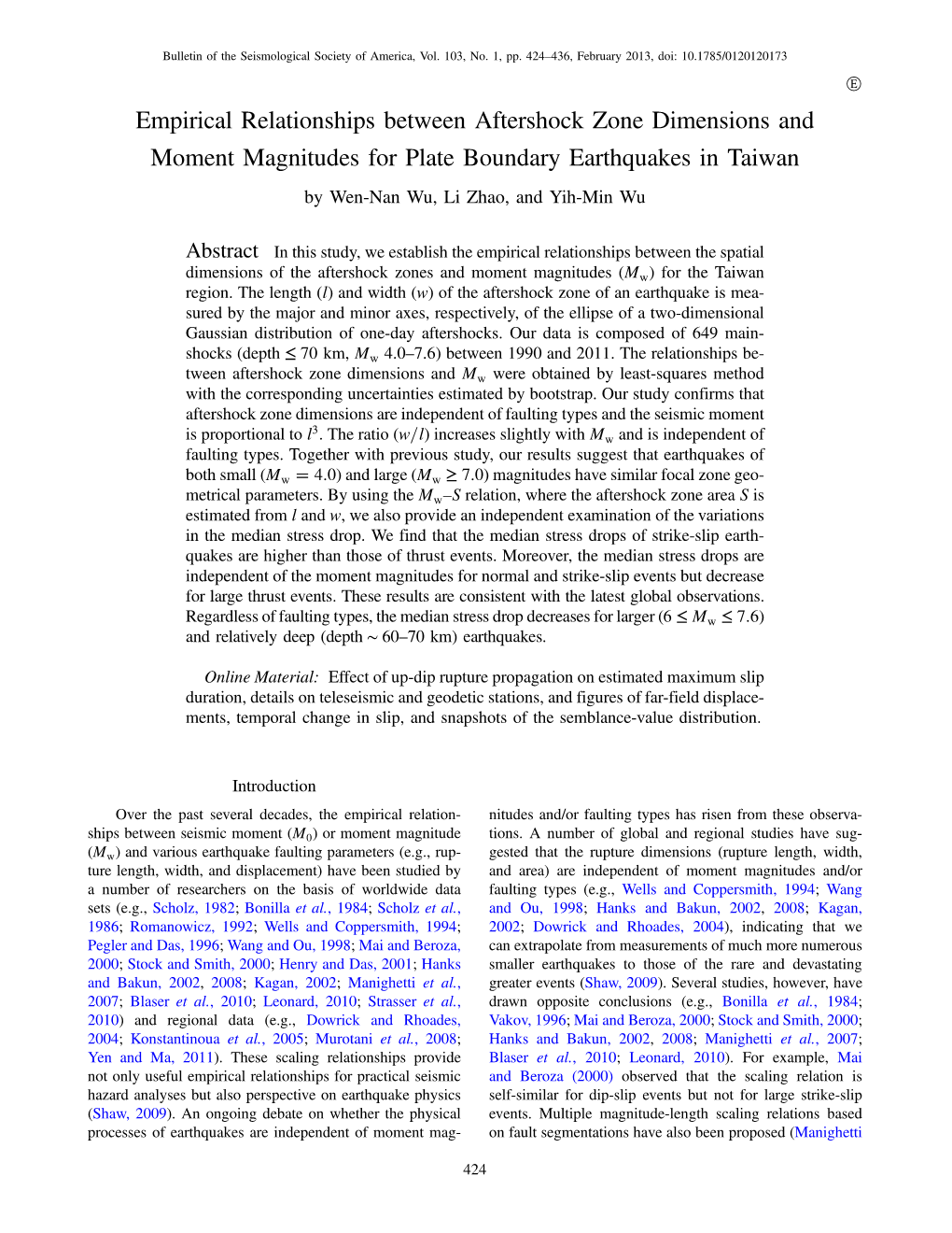 Empirical Relationships Between Aftershock Zone Dimensions and Moment Magnitudes for Plate Boundary Earthquakes in Taiwan by Wen-Nan Wu, Li Zhao, and Yih-Min Wu