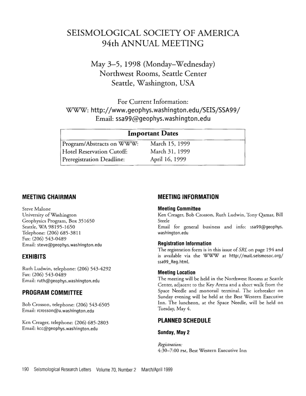 SEISMOLOGICAL SOCIETY of AMERICA 94Th ANNUAL MEETING