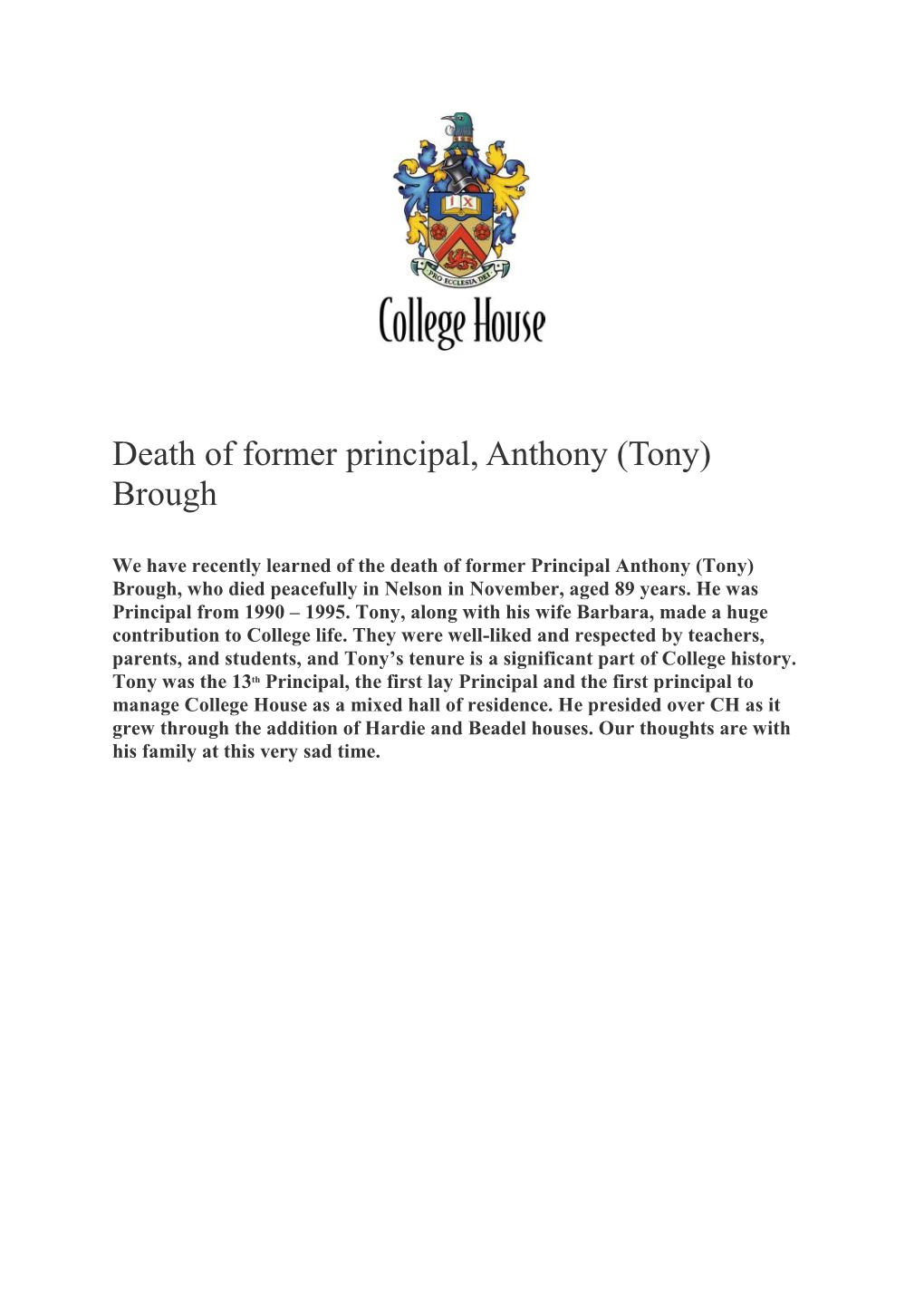 Death of Former Principal, Anthony (Tony) Brough