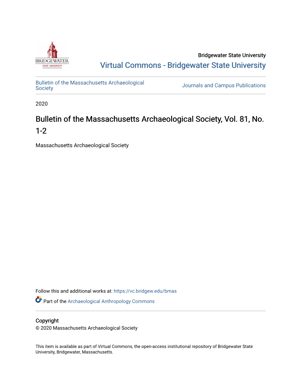 Bulletin of the Massachusetts Archaeological Society, Vol. 81, No