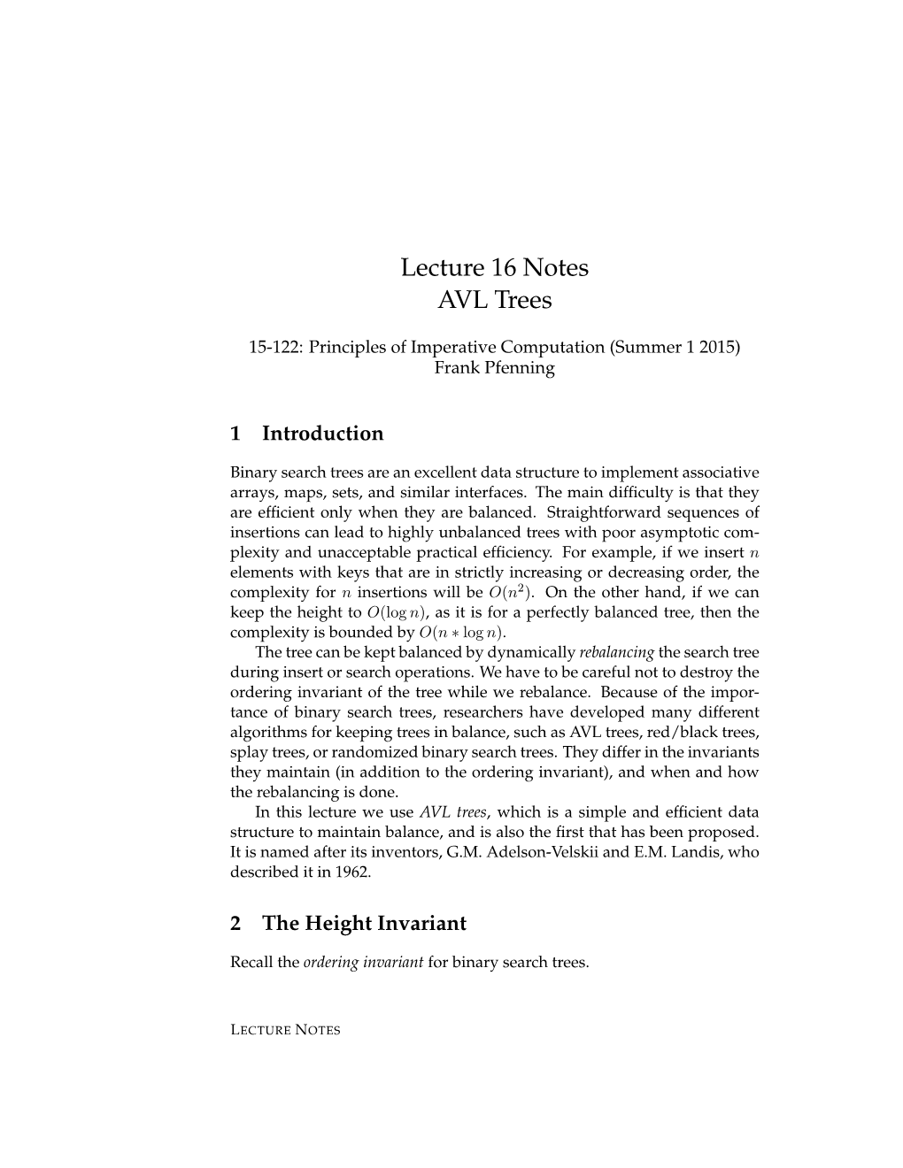 Lecture 16 Notes AVL Trees