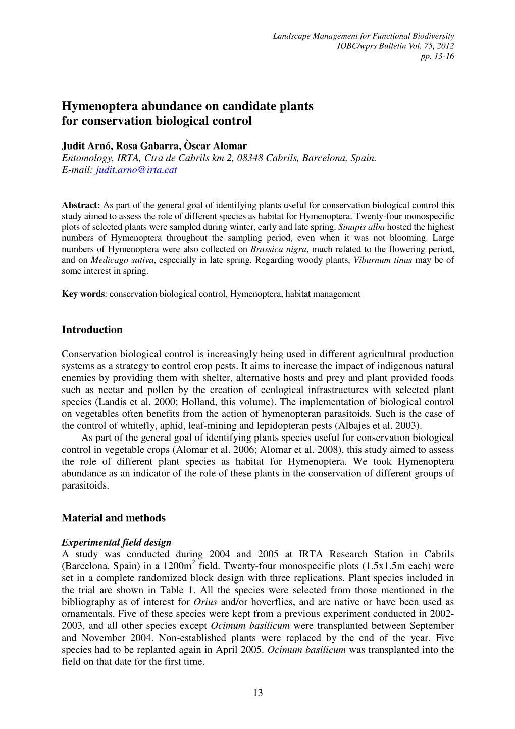 Hymenoptera Abundance on Candidate Plants for Conservation Biological Control