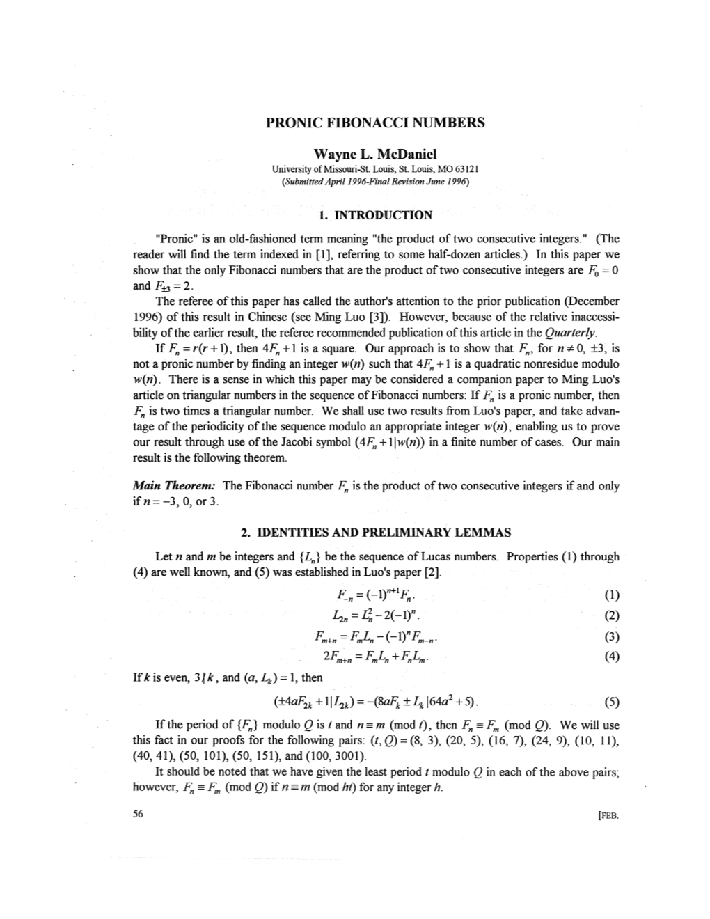 PRONIC FIBONACCI NUMBERS Wayne L. Mcdanie!