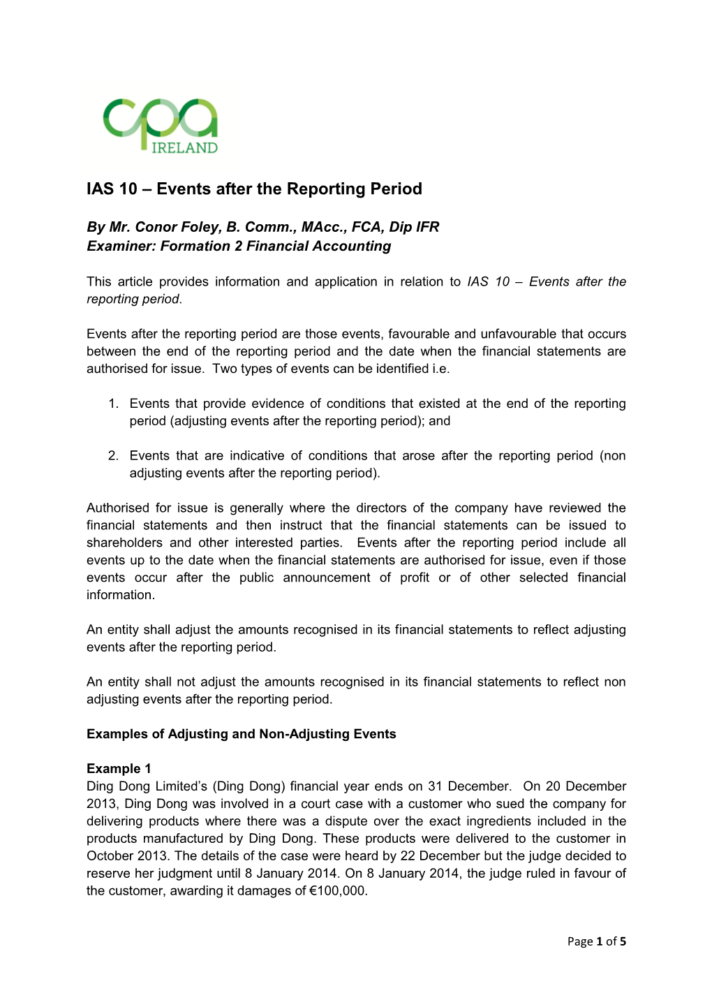 IAS 10 – Events After the Reporting Period