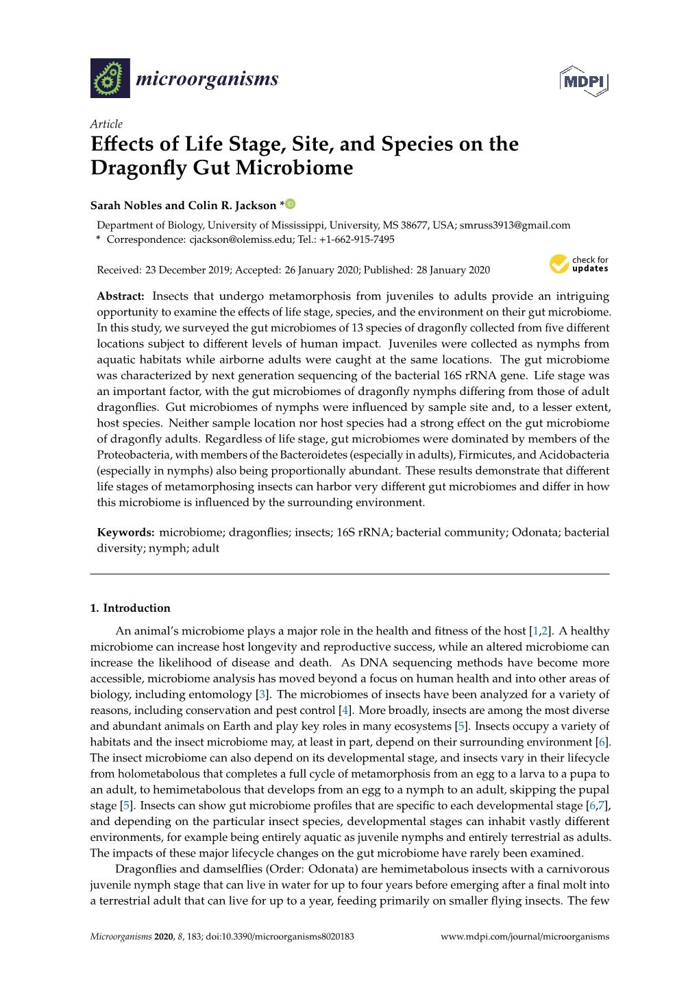 Effects of Life Stage, Site, and Species on the Dragonfly Gut Microbiome