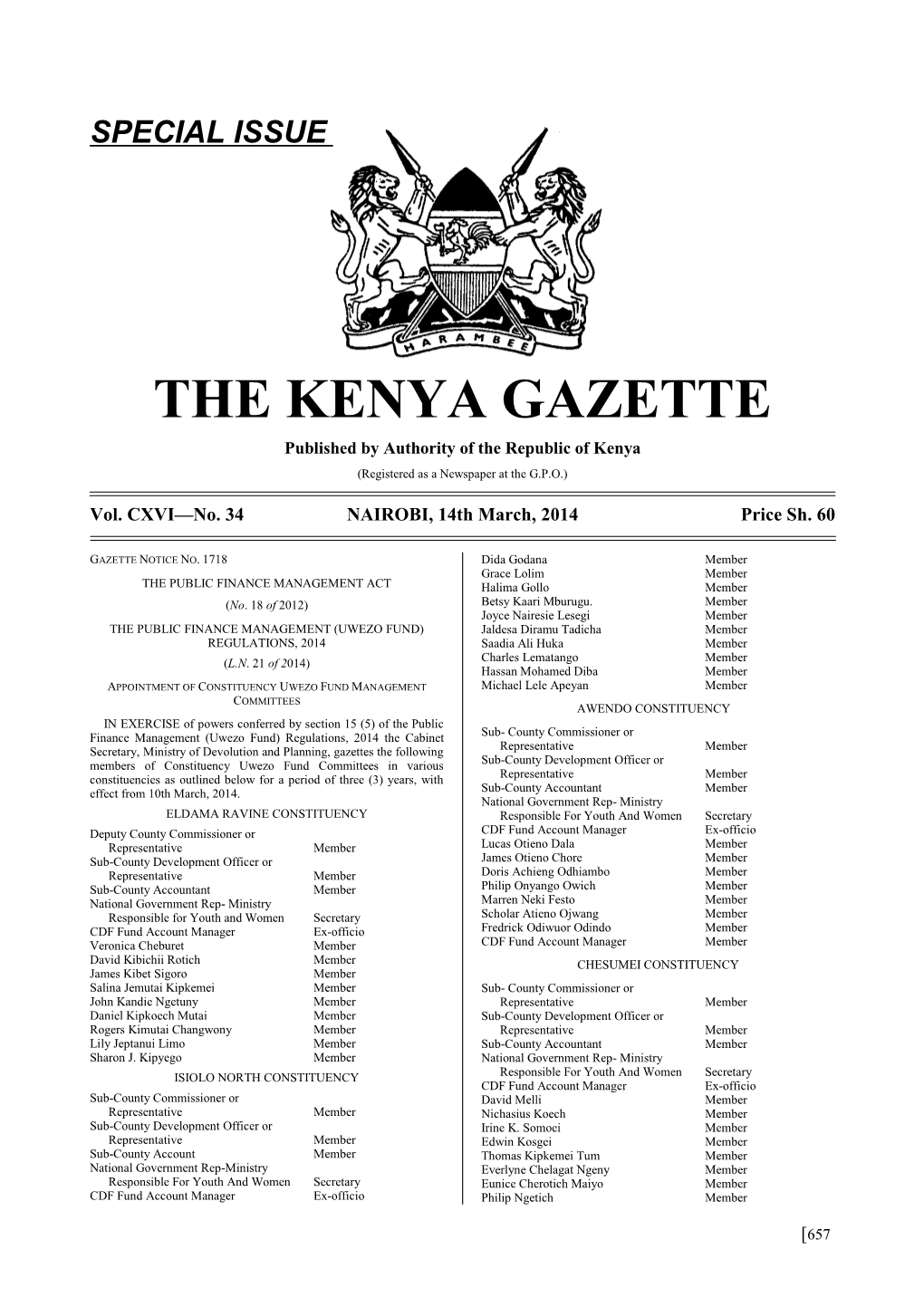 Special Issue the Kenya Gazette