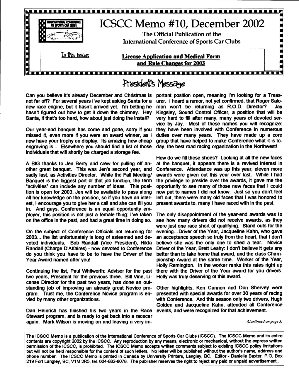 ICSCC Memo #10, December 2002 the Official Publication of the International Conference of Sports Car Oubs