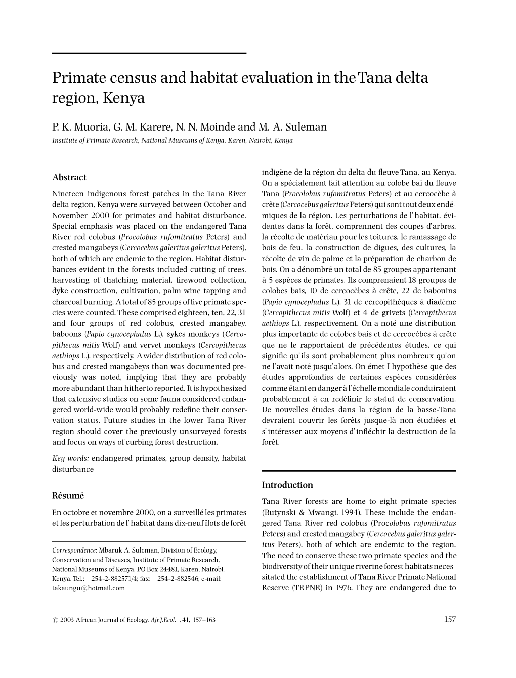 Primate Census and Habitat Evaluation in the Tana Delta Region, Kenya