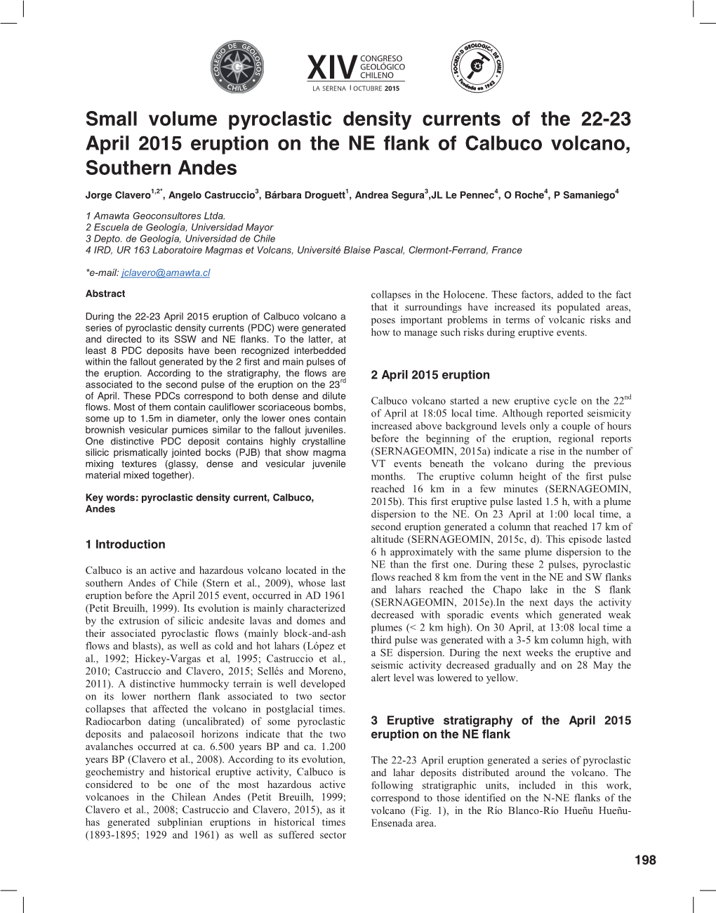 Small Volume Pyroclastic Density Currents of the 22-23 April 2015 Eruption on the NE Flank of Calbuco Volcano, Southern Andes