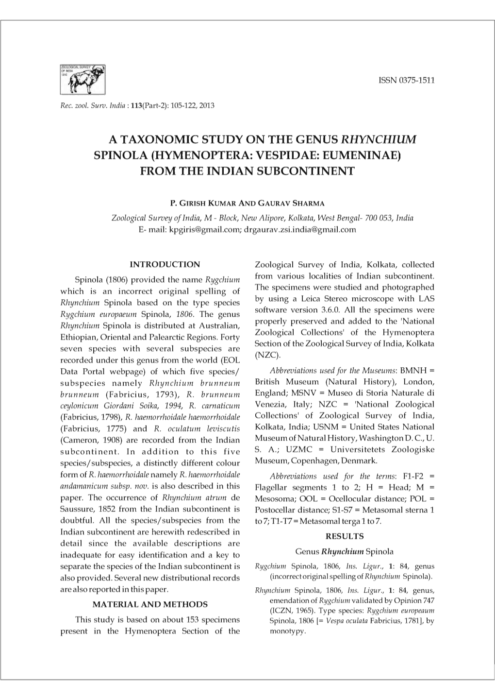 A Taxonomic Study on the Genus Rhynchium Spinola (Hymenoptera: Vespidae: Eumeninae) from the Indian Subcontinent