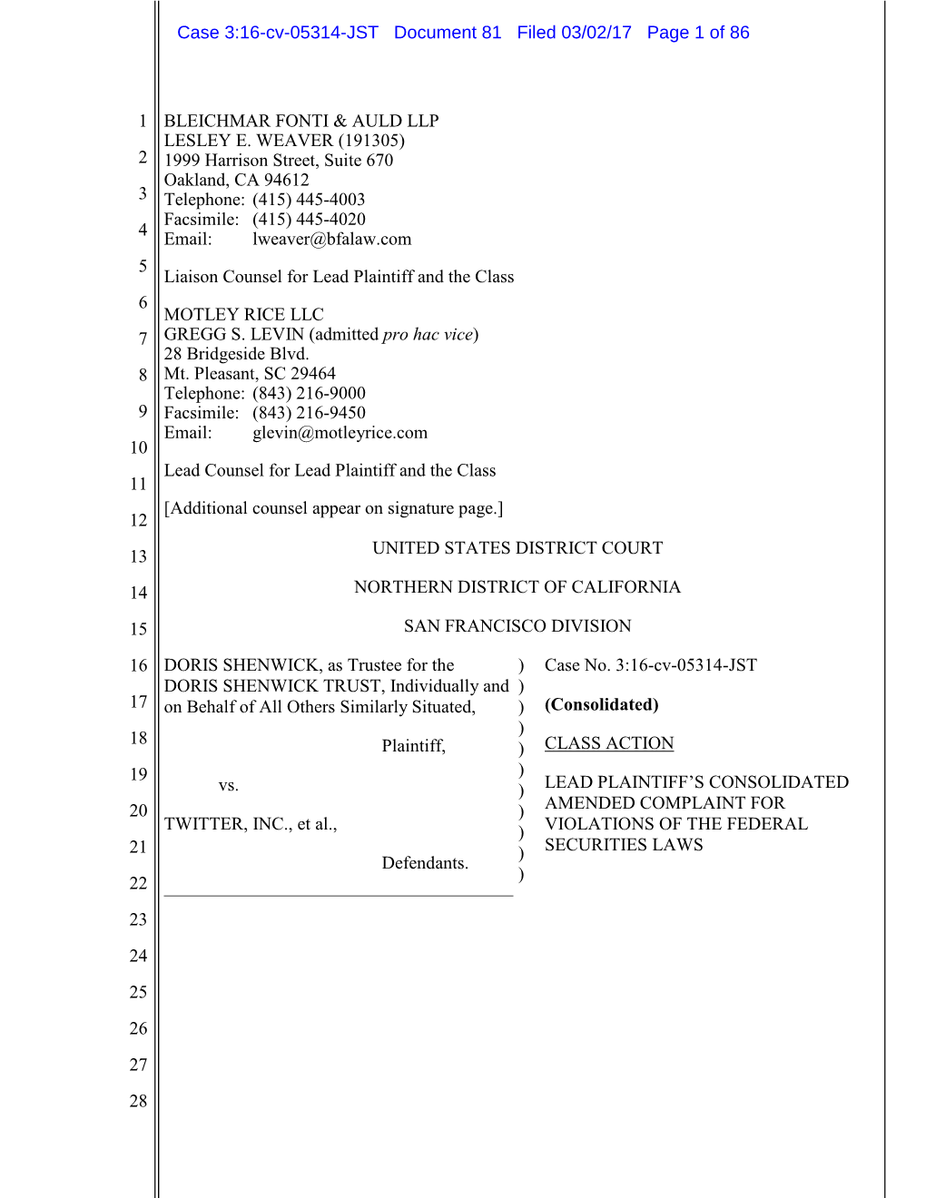 Doris Shenwick, Et Al. V. Twitter, Inc., Et Al. 16-CV-05314-Lead Plaintiff's